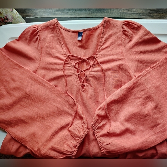 Tiered Lace-Up Mini Swing Dress Eyelet Floral Hem Coral Long Sleeve M. - Picture 5 of 17